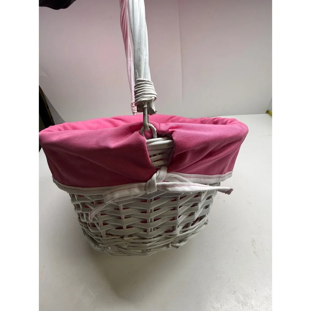 White Wicker Easter Basket with Pink Initial J Embroidered Liner and Handle